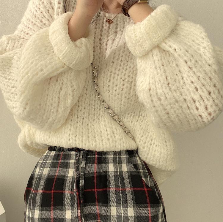 Lantern Sleeve Round Neck Oversized Sweater Product Image