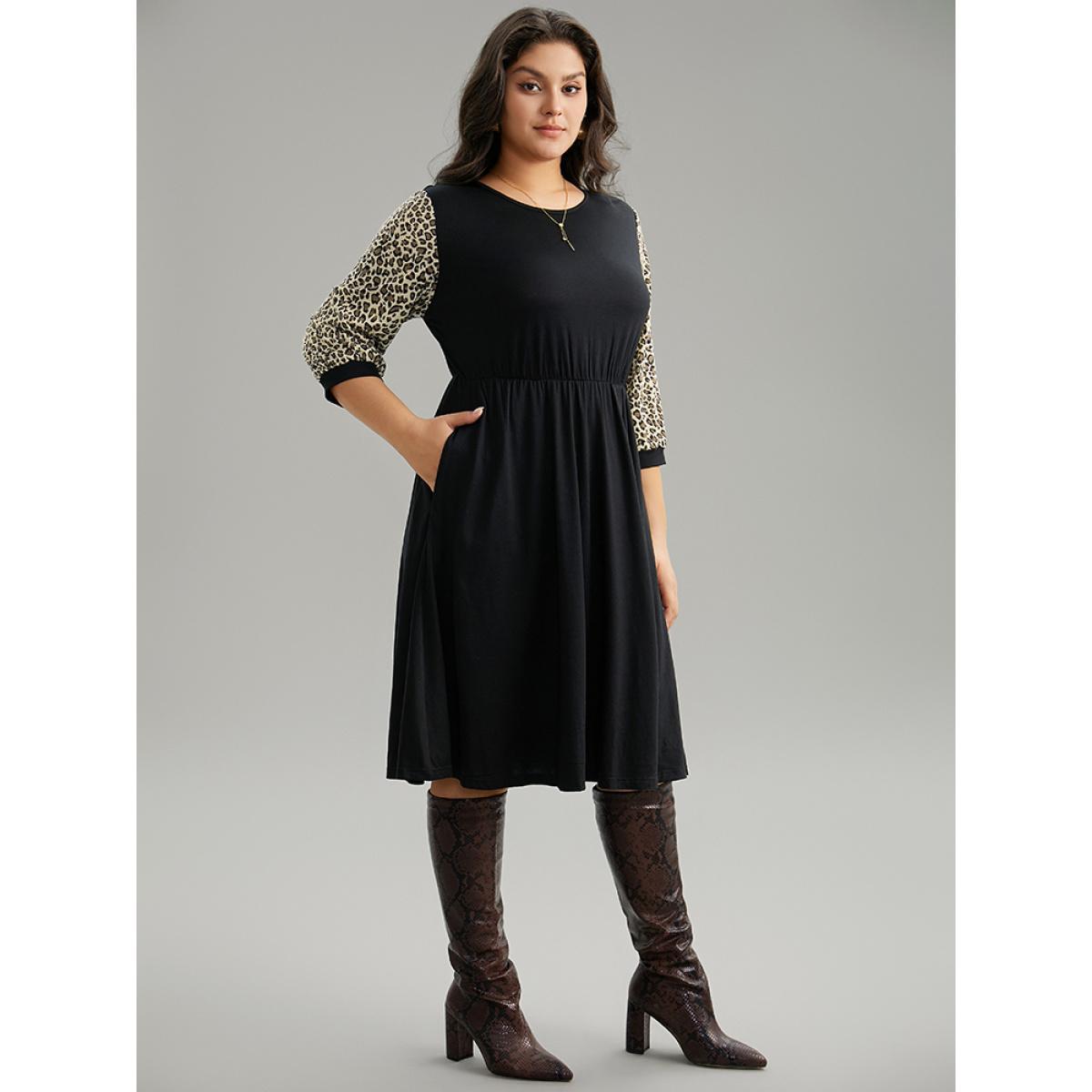 Plus Size Leopard Patchwork Pocket Elastic Waist Dress Black Women Casual Printed Round Neck Elbow-length sleeve Curvy Midi Dress BloomChic 28/5X Product Image