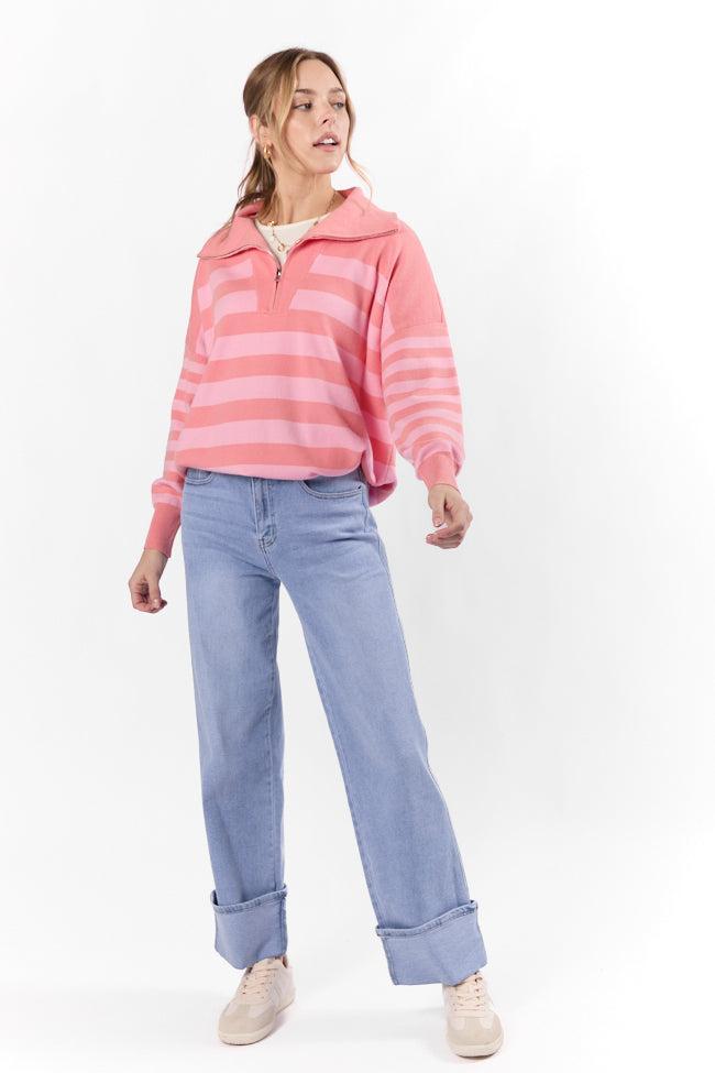 Pulling Heartstrings Coral Multi Stripe Quarter Zip Pullover FINAL SALE Product Image