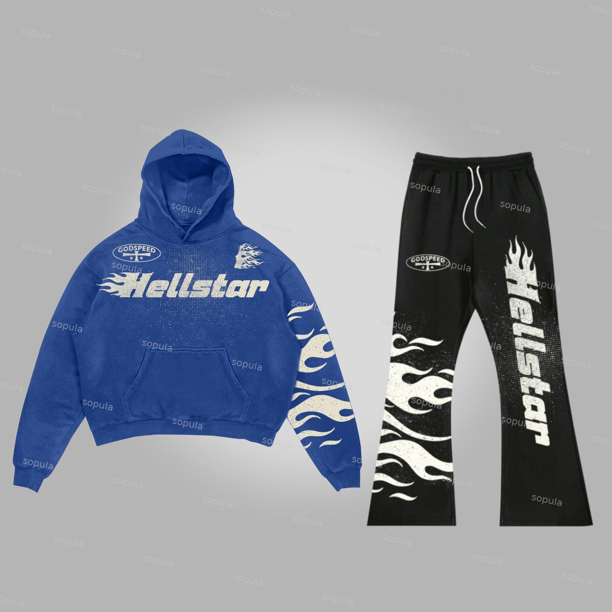 Sopula Men's Vintage Jesus Flame Graphic Hoodie & Flared Trousers Two Piece Set Product Image