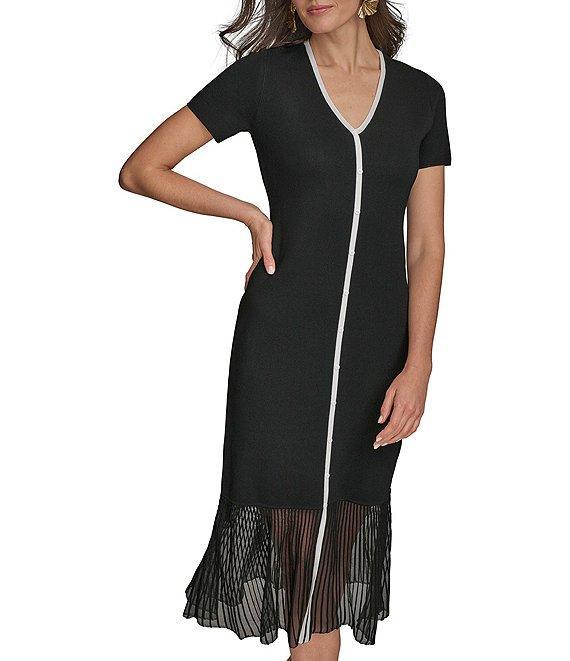 Donna Karan V-Neck Short Sleeve Contrast Trim Knit Midi Dress Product Image