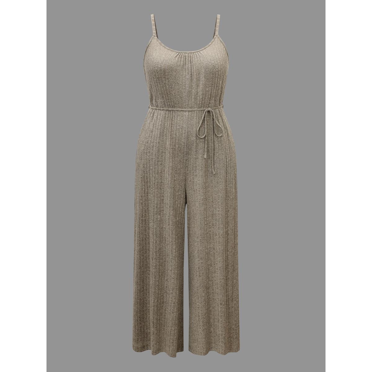Plus Size Champagne Textured Waist-Tie Pockets Jumpsuit Women Lounge Sleeveless U-neck Everyday Loose Jumpsuits BloomChic 14-16/1X Product Image