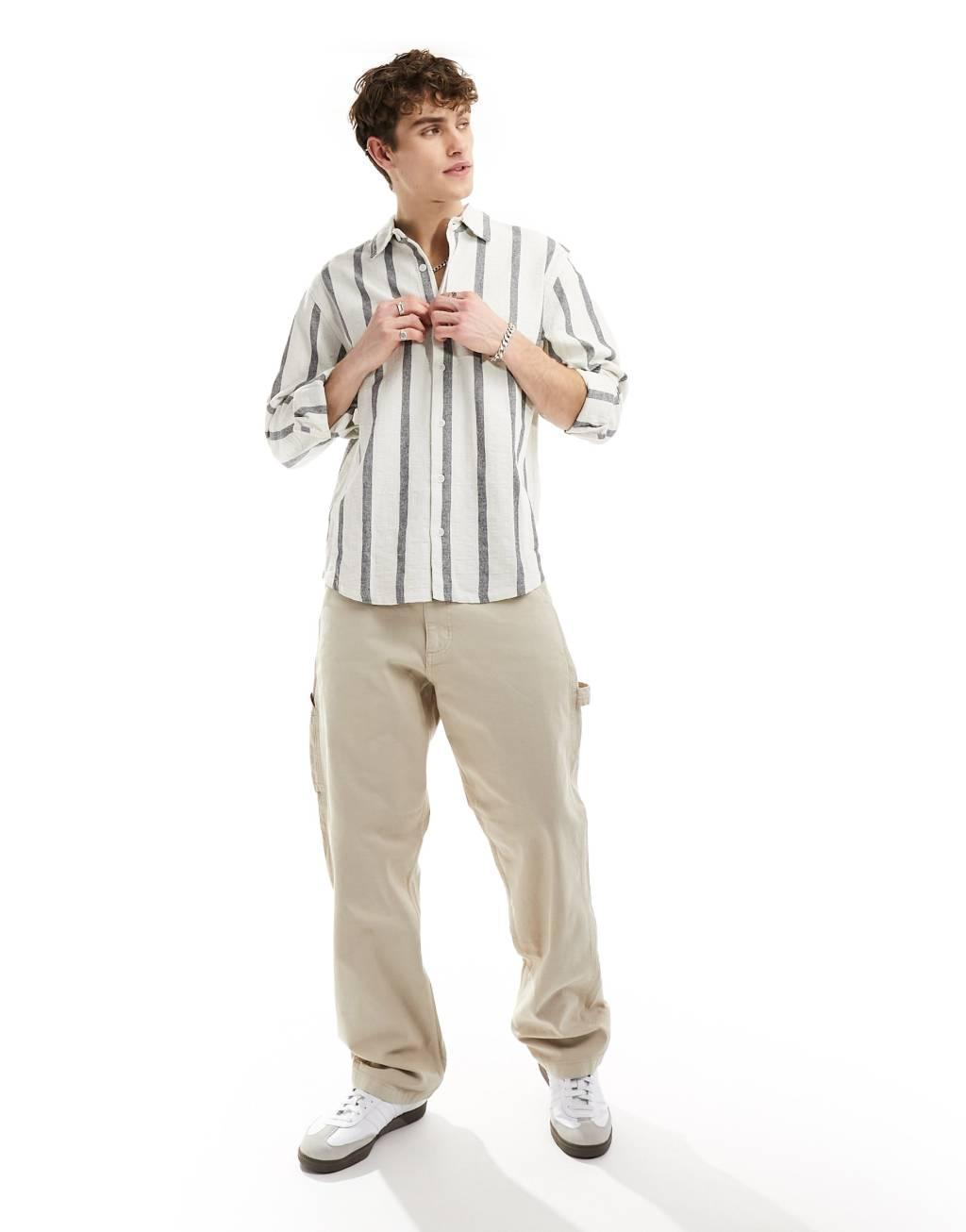 Pull & Bear camp collar long sleeve striped shirt Product Image