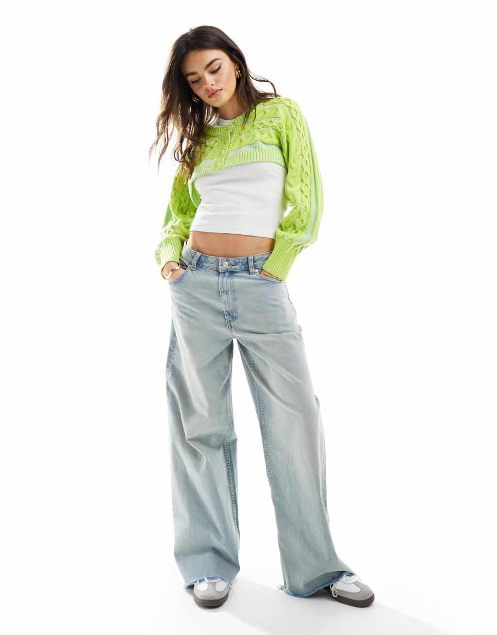 ASOS DESIGN crew neck wide cropped cardigan in green Product Image