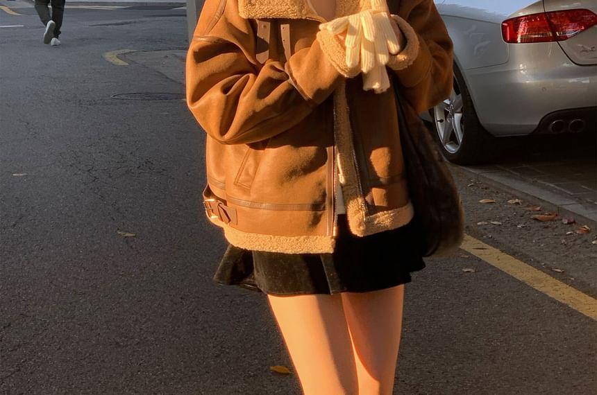 Stand Collar Faux Shearling Zip Jacket Product Image