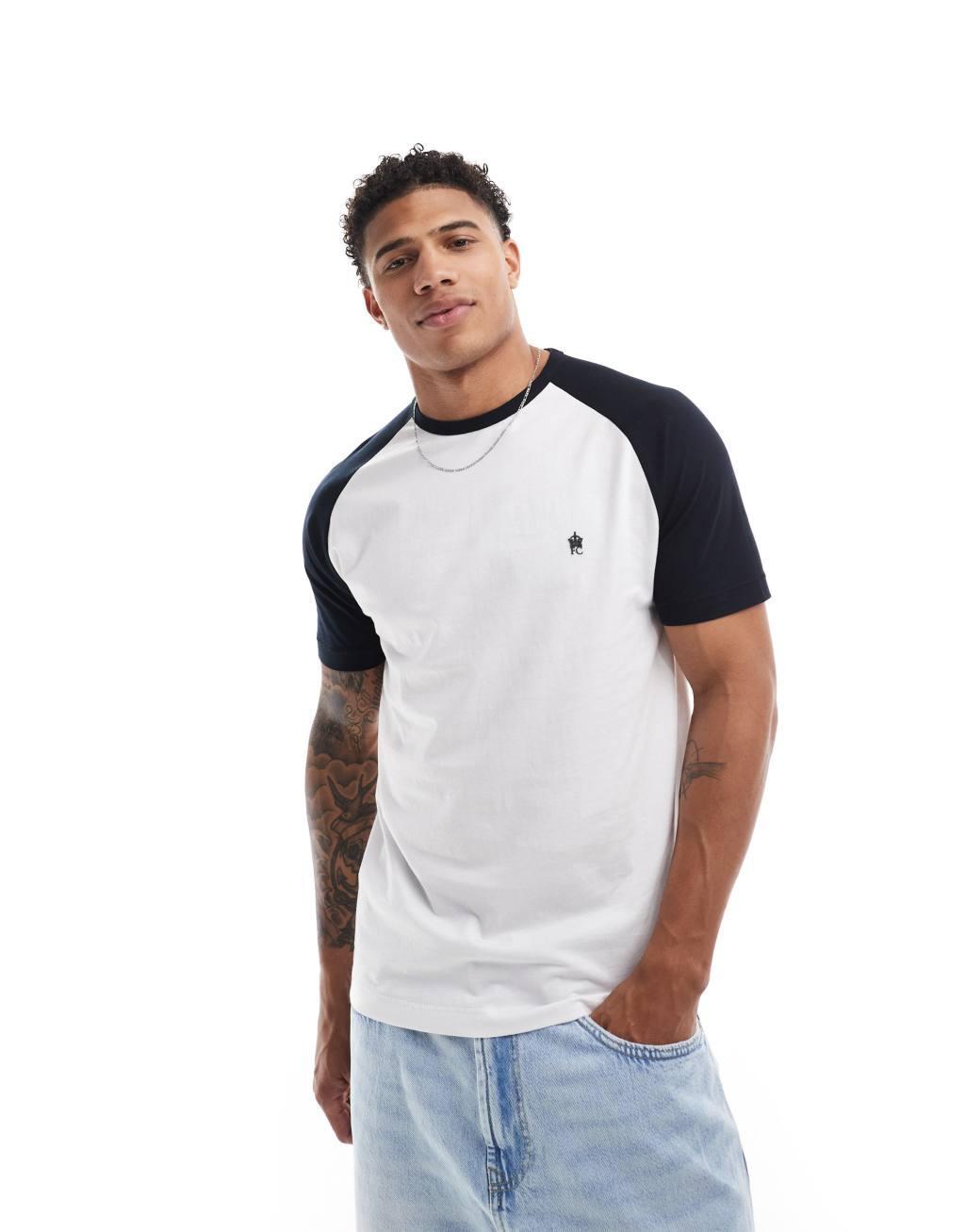 French Connection raglan t-shirt in white & navy Product Image