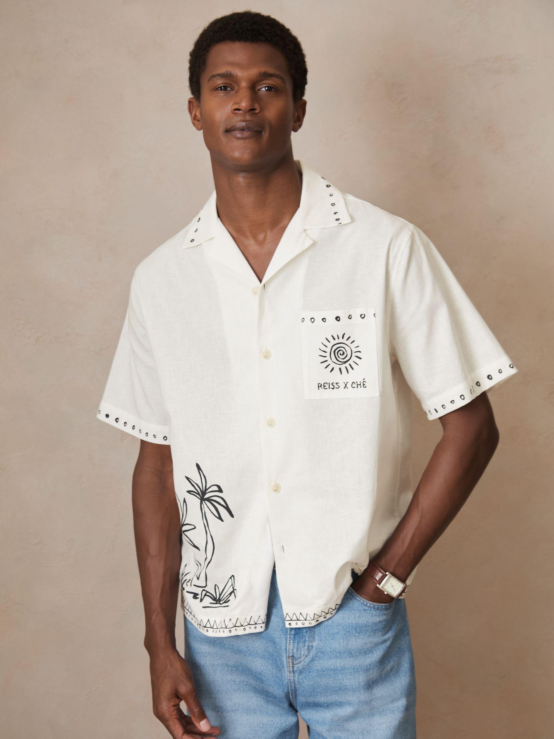 Reiss | Ché Cotton-Linen Palm Shirt in White Product Image