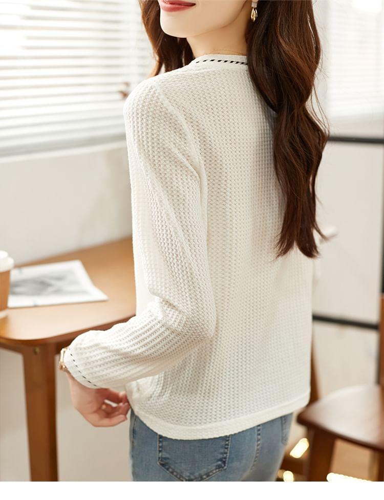 Long-Sleeve Crewneck Floral Patch Knit Top Product Image