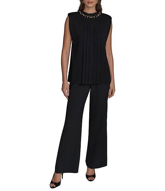 Donna Karan Crew Neck Beaded Collar Pleated Sweater Product Image