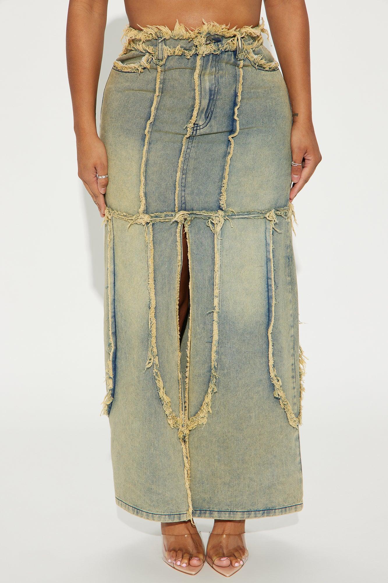 Saraya Frayed Denim Maxi Skirt - Medium Wash Product Image