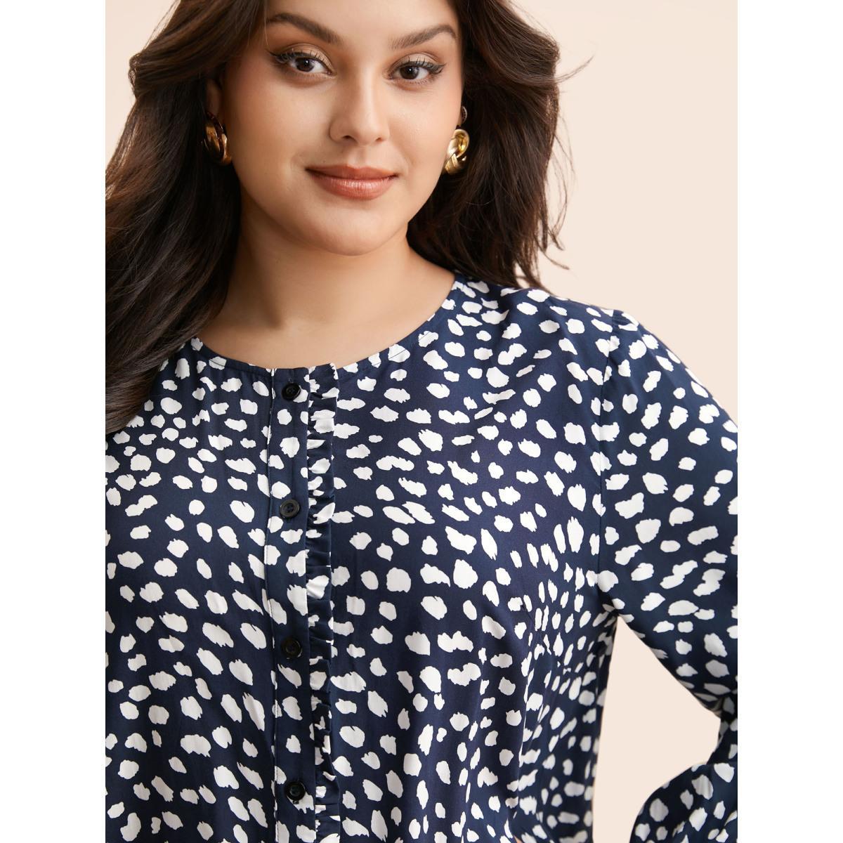 Plus Size Indigo Leopard Print Ruffles Lantern Sleeve Blouse Women Elegant Long Sleeve Round Neck Everyday Blouses BloomChic 28/5X Product Image