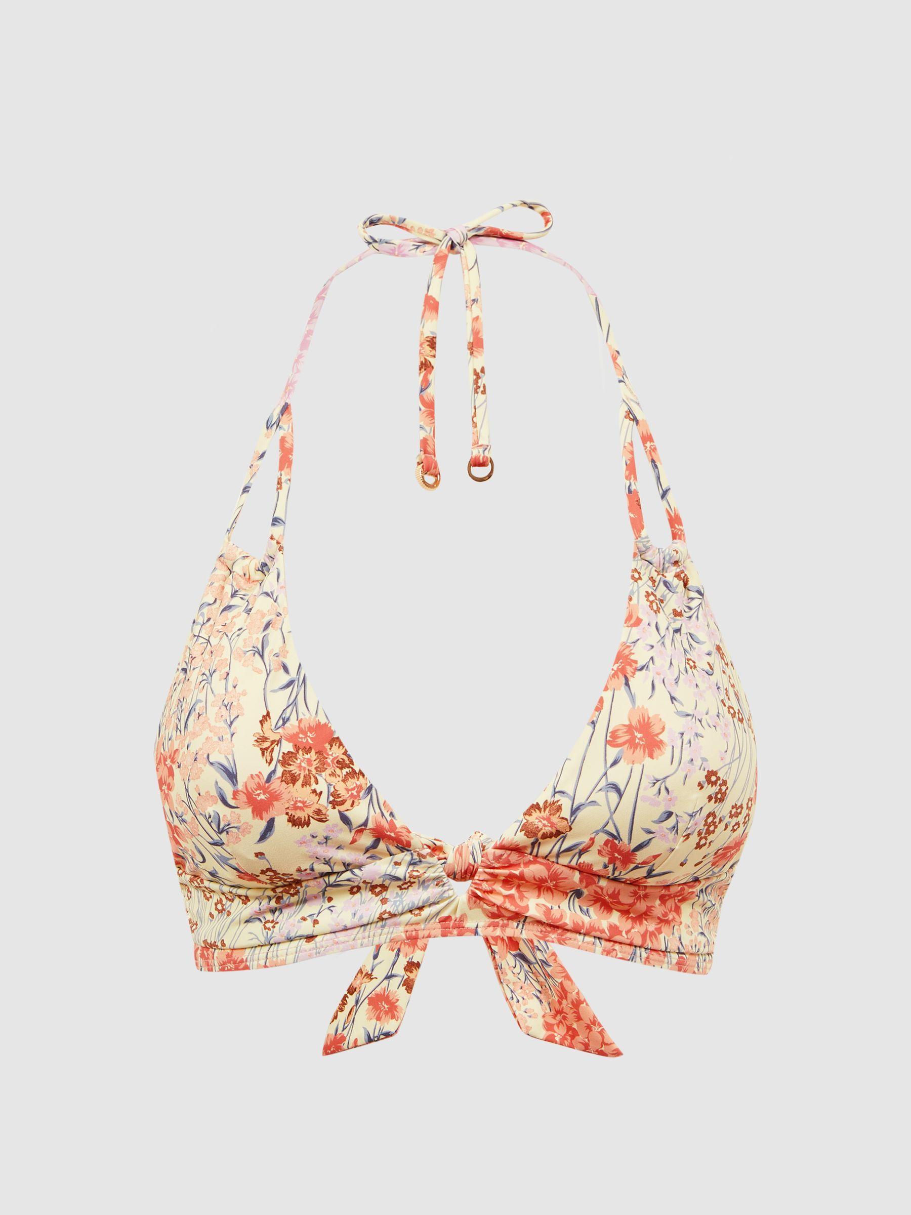 Triangle Floral Print Halter Neck Bikini Top in Pink Print Product Image