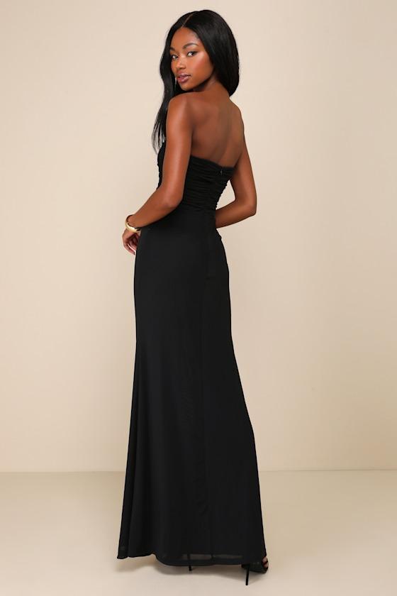 Epitome of Allure Black Mesh Strapless Ruched Maxi Dress Product Image
