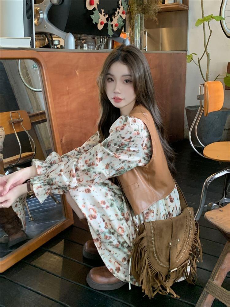Long-Sleeve V-Neck Floral Print A-Line Dress / Faux Leather Vest Product Image
