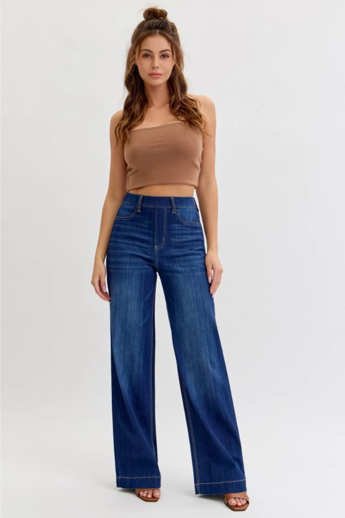 Comfort Dark High Rise Pull-On Wide Leg Denim Product Image