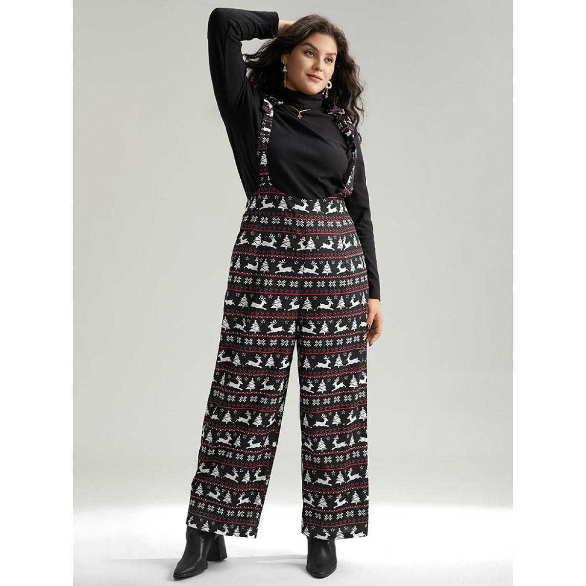 Plus Size Black Christmas Elk Print Elastic Waist Knot Jumpsuit Women Casual Sleeveless Spaghetti Strap Dailywear Loose Jumpsuits BloomChic 12/L Product Image