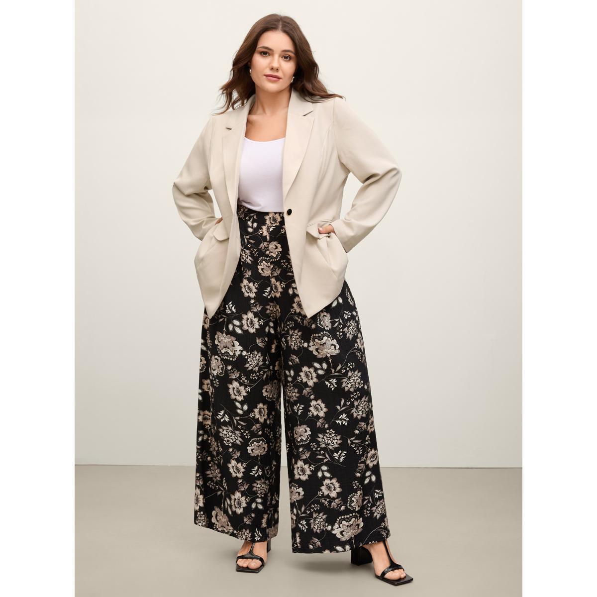 Plus Size Button Front Pockets Solid Blazer Champagne Women Work Button Sleeve Long Sleeve Suit Collar 14-16/1X Open pocket with flap Blazers BloomChic Product Image