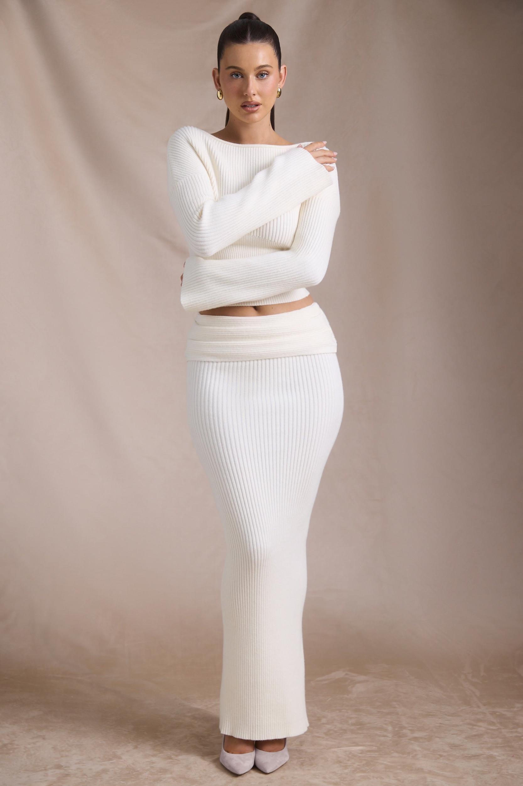 Ribbed-Knit Slash-Neck Top in Ivory Product Image