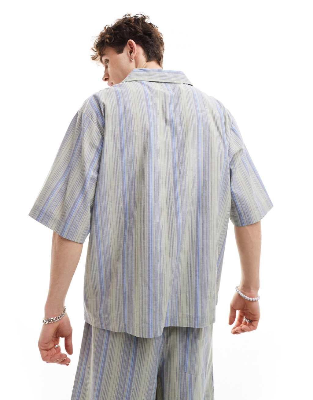 COLLUSION beach linen mix camp collar short sleeve shirt in stripe - part of a set Product Image