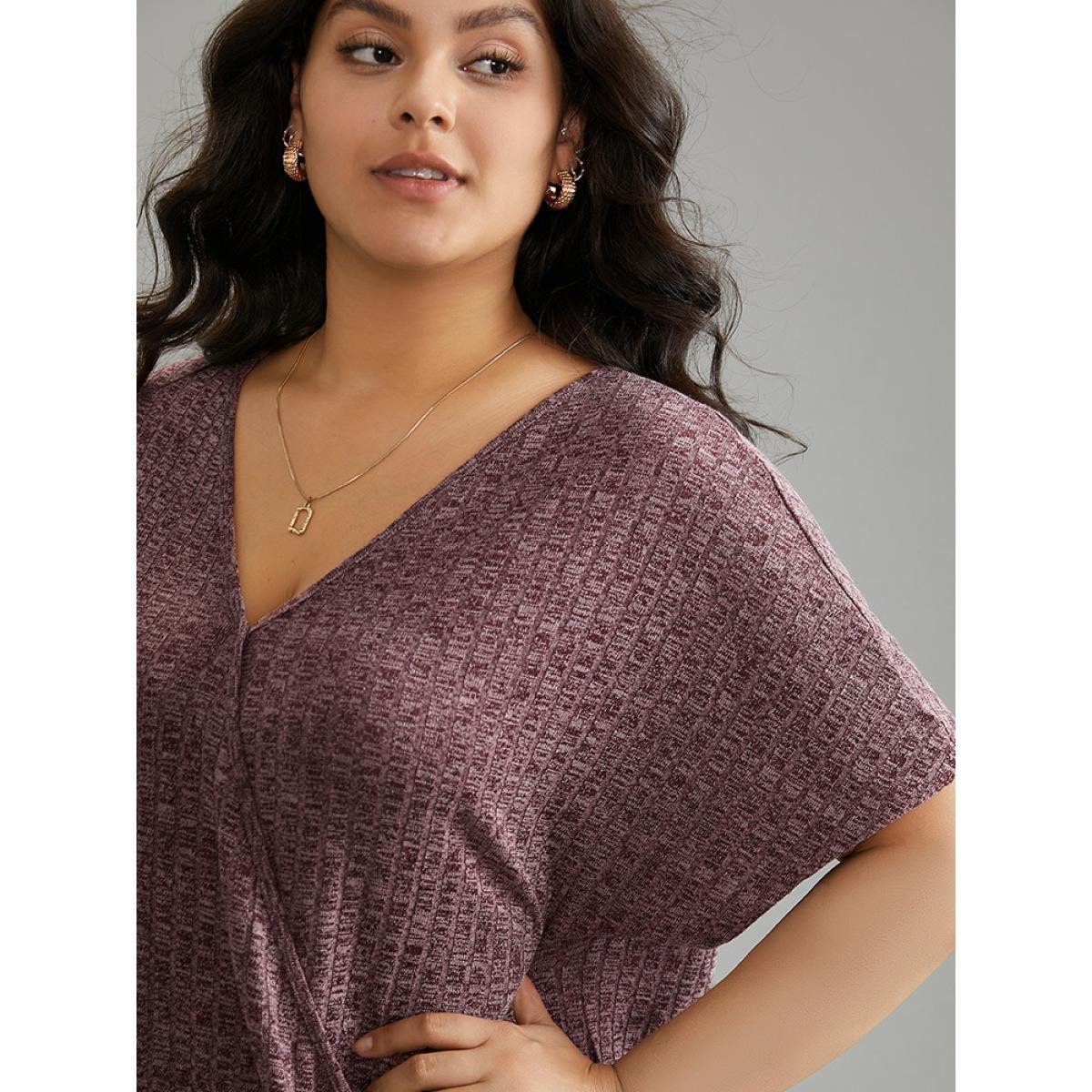 Plus Size Plisse Surplice Neck Batwing Sleeve T-shirt Burgundy Women Elegant Texture Plain Overlap Collar Dailywear T-shirts BloomChic 18-20/2X Product Image