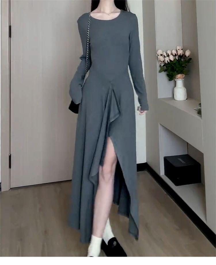 Long Sleeve Crew Neck Plain Slit Ruffle Hem A-Line Midi Dress Product Image