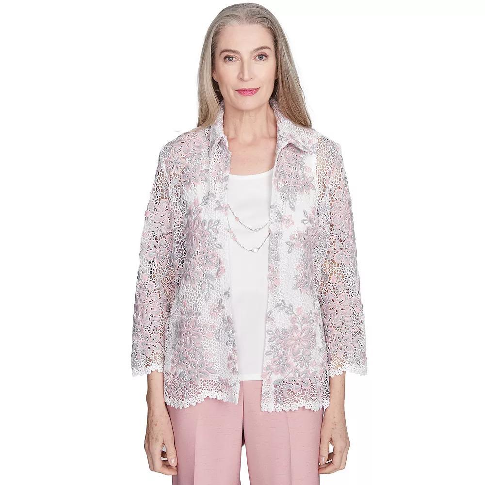 Women's Alfred Dunner Floral Lace Two in One Top with Necklace, Size: Large, Pink Team Product Image