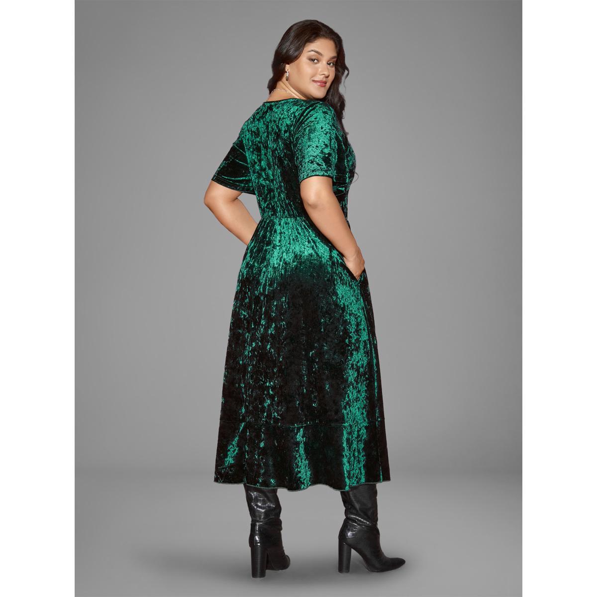 Plus Size Velvet Surplice Neckline Ruffle Sleeves Midi Dress DarkGreen Women Formal Texture Overlap Collar Short sleeve Curvy BloomChic 14-16/1X Product Image