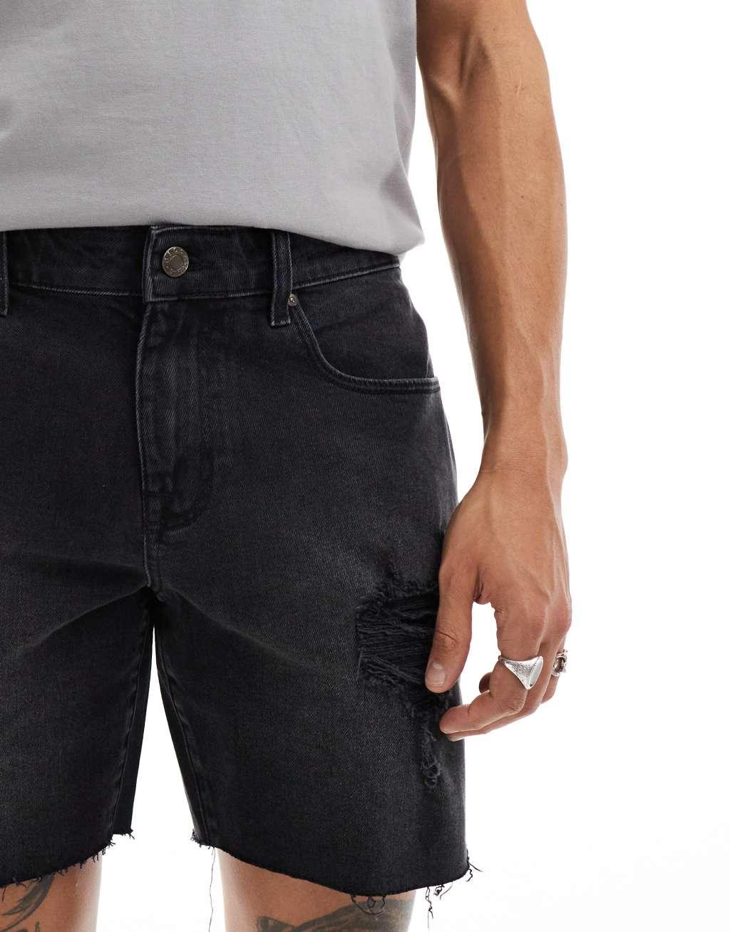 ASOS DESIGN mid length slim denim shorts with rips in washed black Product Image