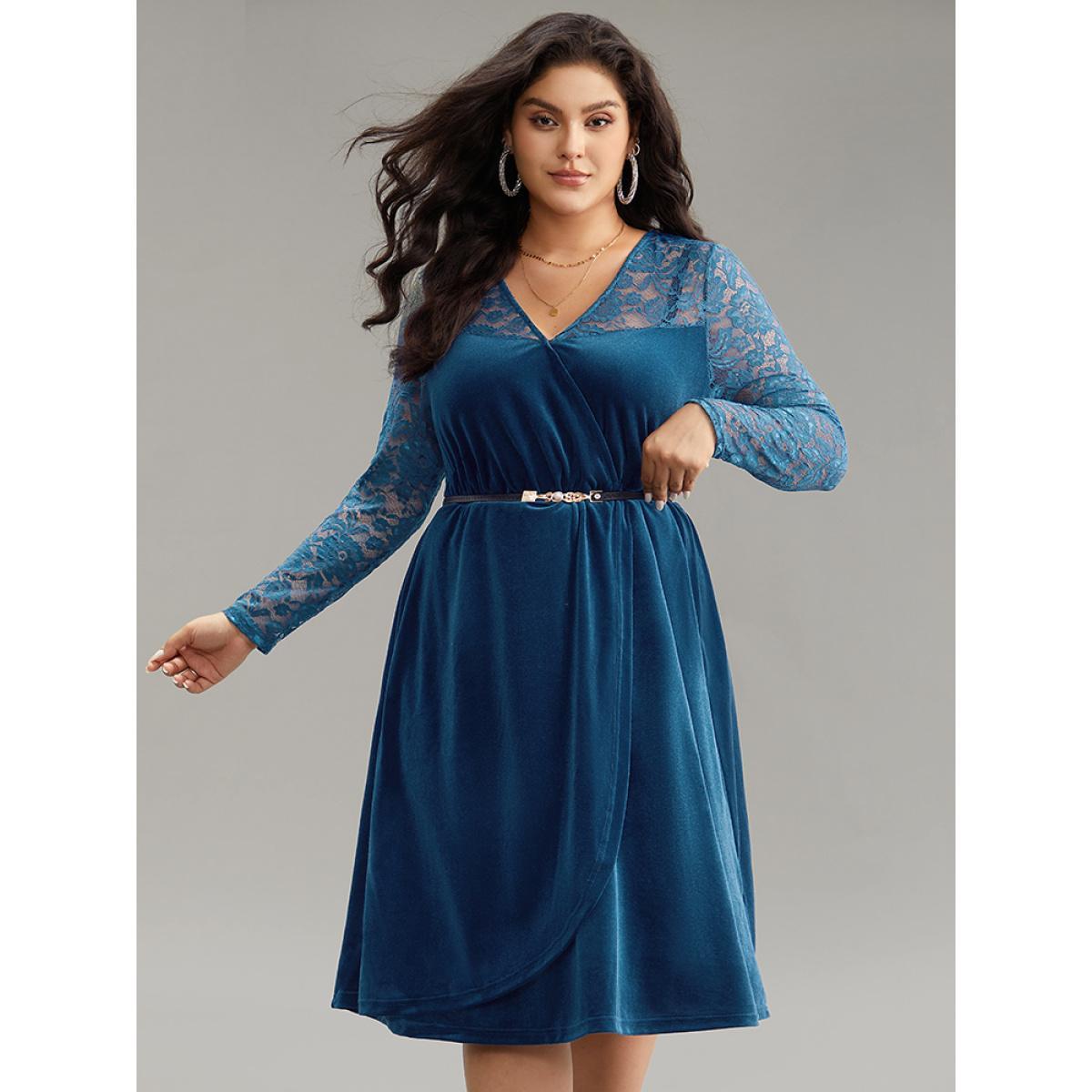 Plus Size Velvet Guipure Lace Wrap Dress Aegean Women Glamour Wrap Overlap Collar Long Sleeve Curvy Knee Dress BloomChic 26/4X Product Image