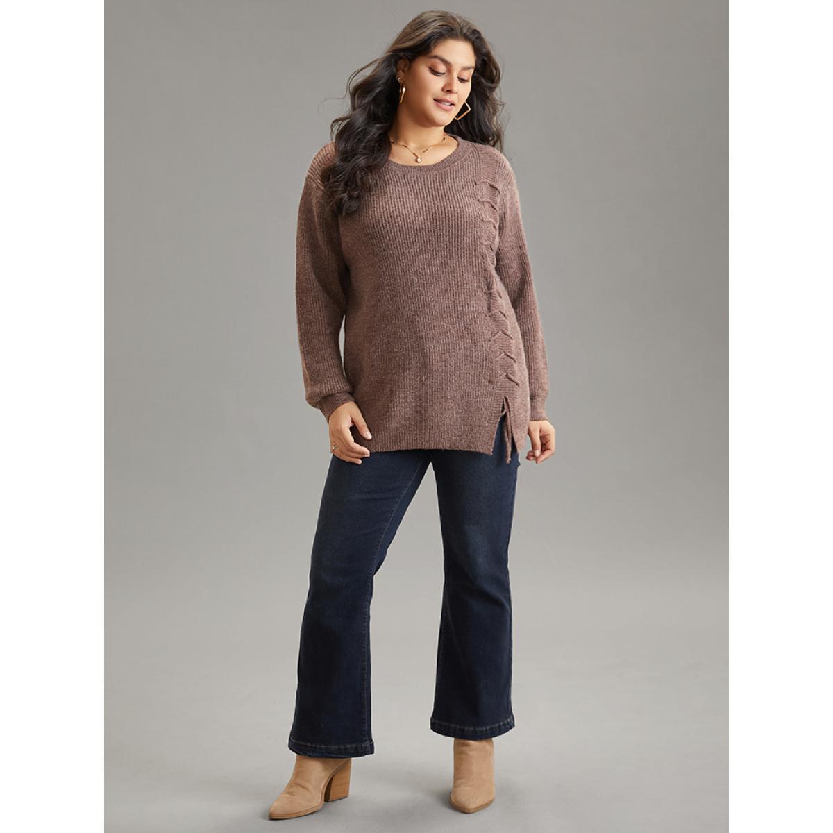 Plus Size Supersoft Essentials Heather Drawstring Ties Pullover DarkBrown Women Casual Loose Long Sleeve Round Neck Dailywear Pullovers BloomChic 18-20/2X Product Image