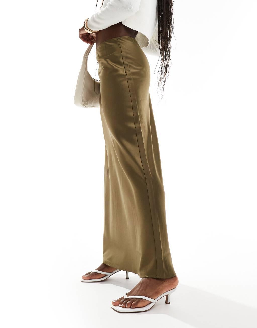 YAS maxi satin skirt in olive green Product Image
