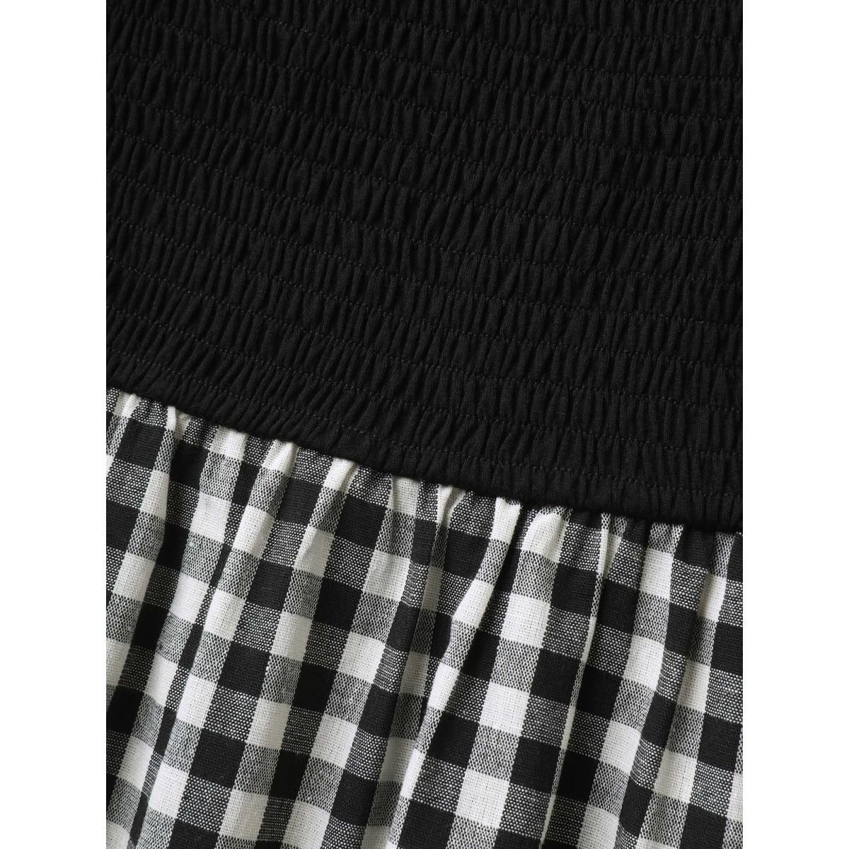 Plus Size Floral Embroidered Plaid Shirred Tank Top Women Black Gathered Non Vacation Tank Tops Camis BloomChic 12/L Product Image