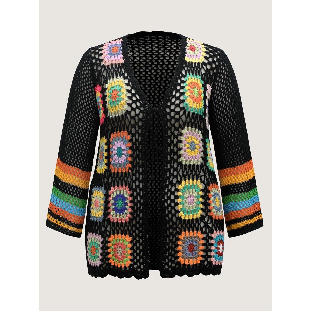 Plus Size Colorful Floral Crochet Tie Knit Cardigan Black Women Loose Long Sleeve Vacation Cardigans BloomChic 10/M Product Image