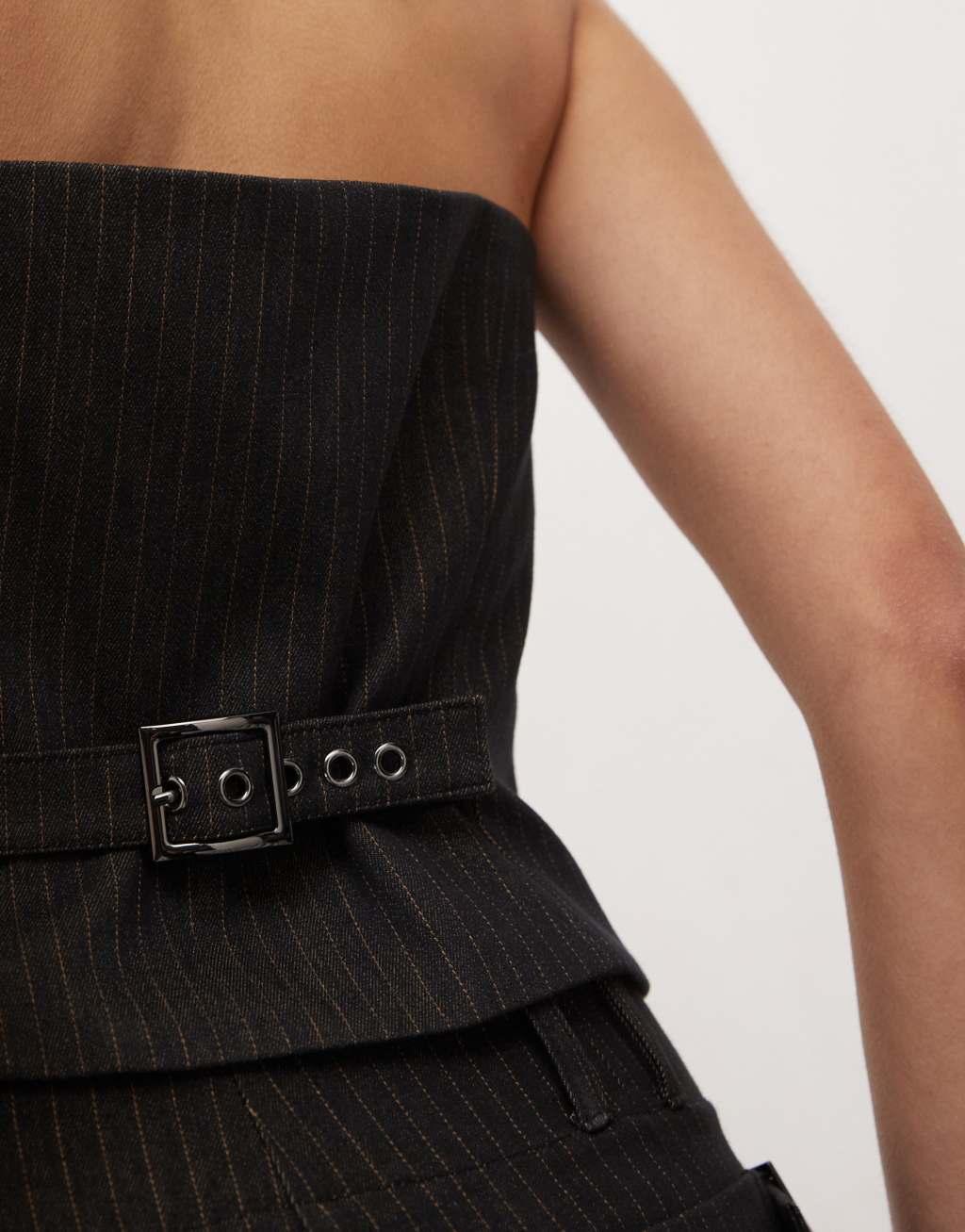 COLLUSION hook and eye pinstripe halter top in black Product Image