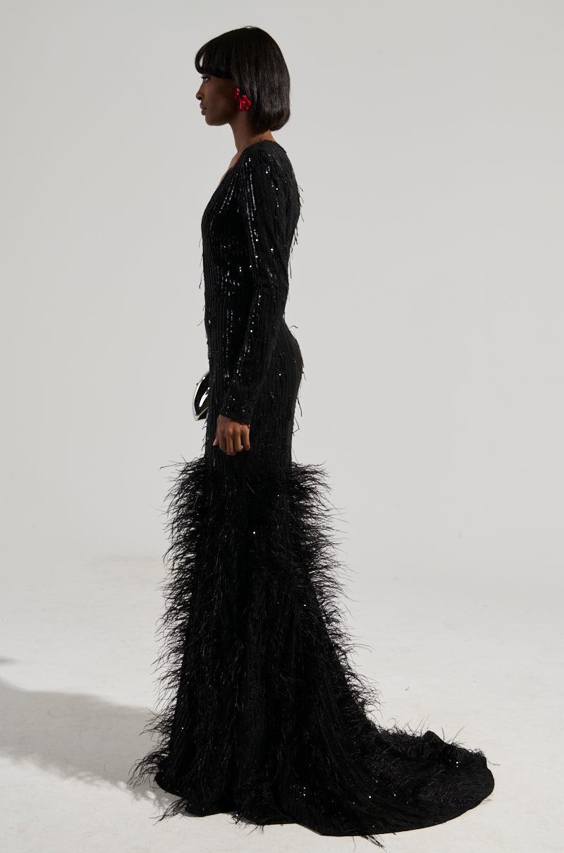 YOURS TRULY FEATHER SEQUIN EMBELLISHED MAXI DRESS Product Image