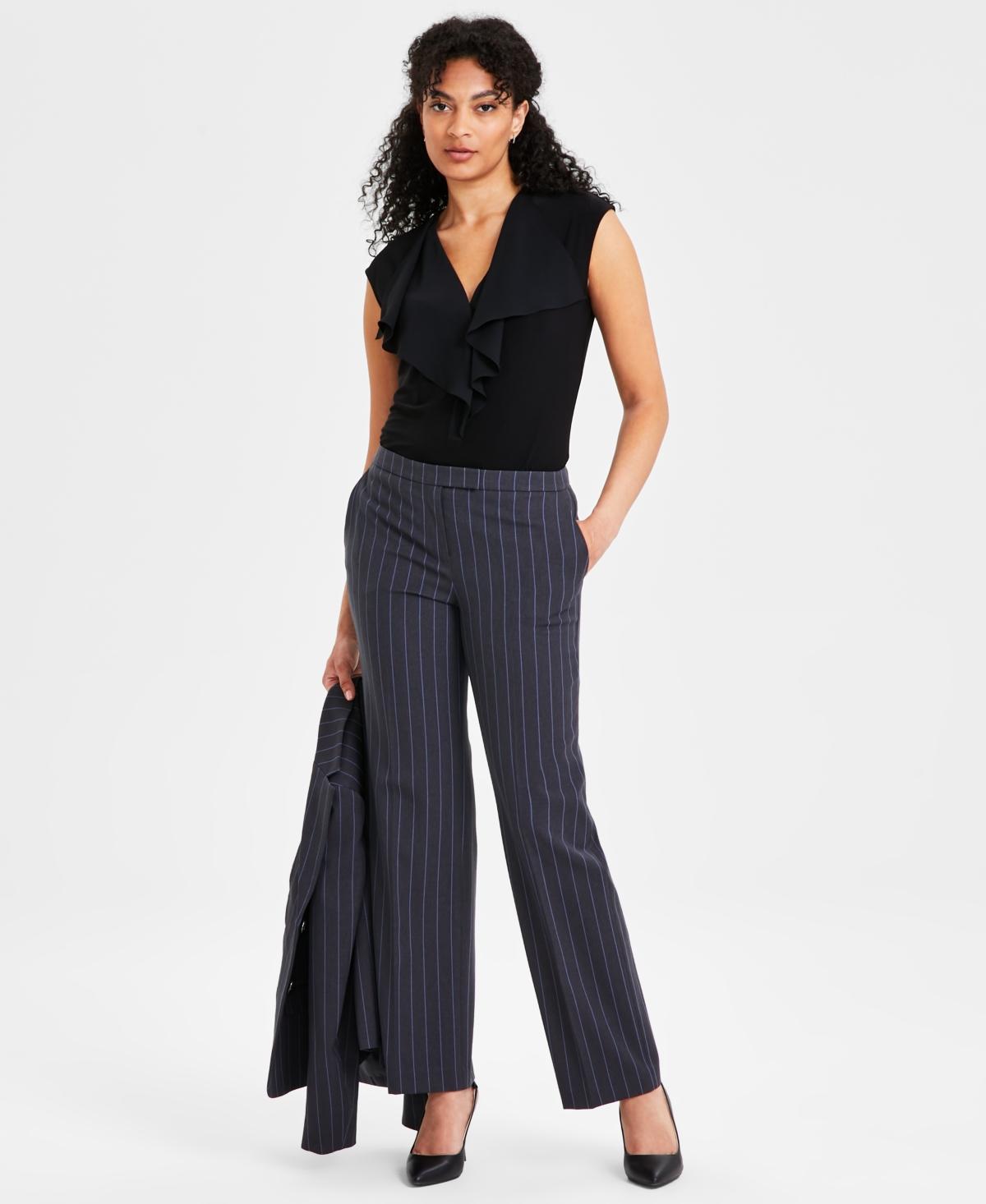 Kasper Womens Pinstriped Straight-Leg Pants - Carbon Steel Product Image