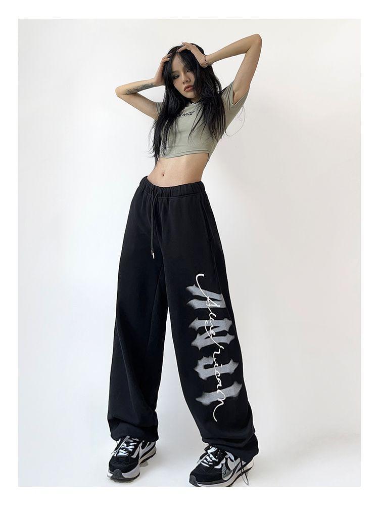 Drawstring Waist Lettering Wide Leg Sweatpants Product Image