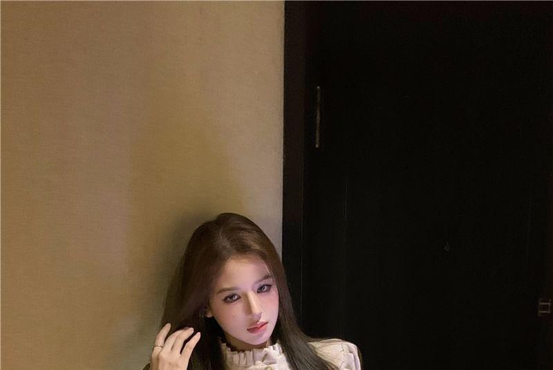 Puff-Sleeve High Neck Button-Up Velvet Blouse Product Image