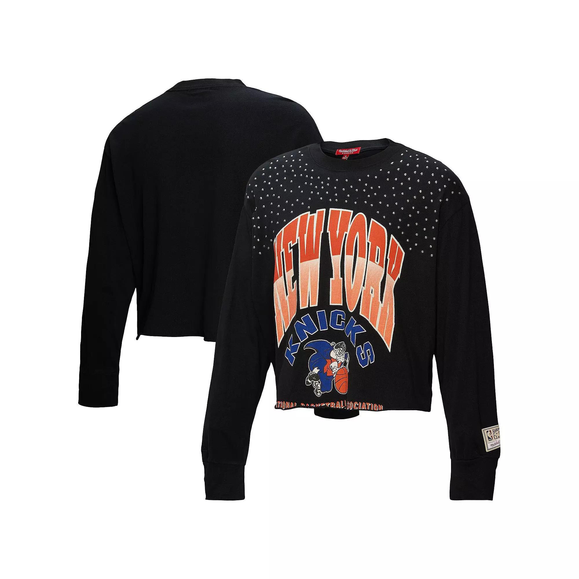 Women's Mitchell & Ness  Black New York Knicks Hardwood Classics Studded Boxy Cropped Long Sleeve T-Shirt, Size: Medium Product Image