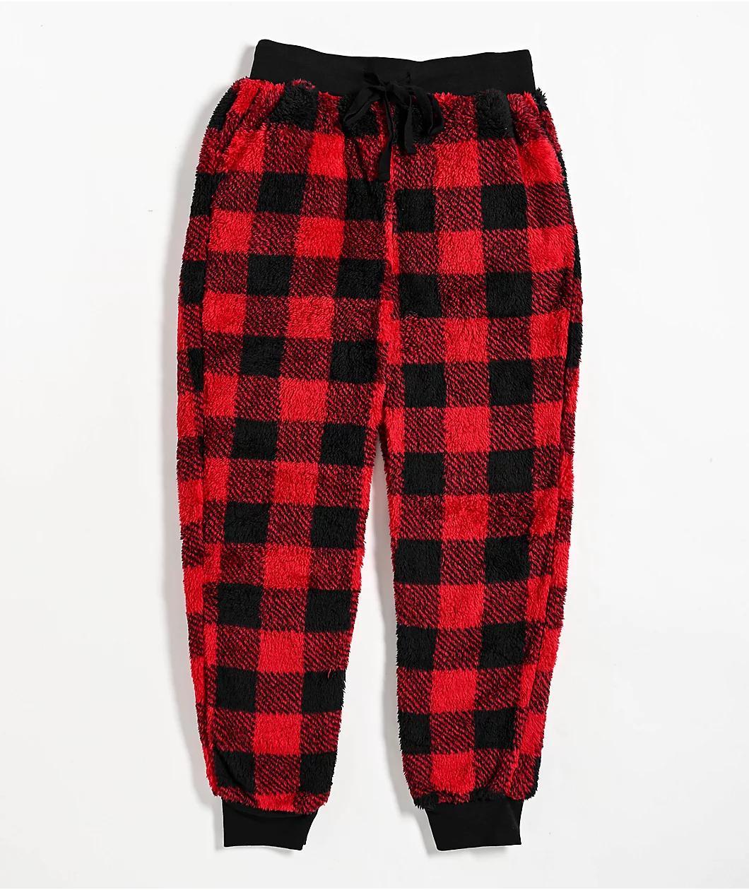 Cali 1850 Sherpa Plaid Red & Black Jogger Sweatpants Product Image