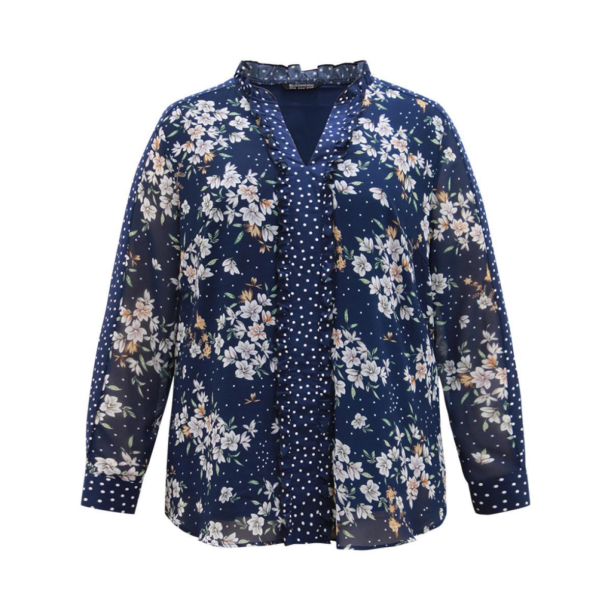 Plus Size DarkBlue Chiffon Floral Polka Dot Patchwork Frill Trim Mesh Blouse Women Elegant Long Sleeve V-neck Dailywear Blouses BloomChic 28/5X Product Image
