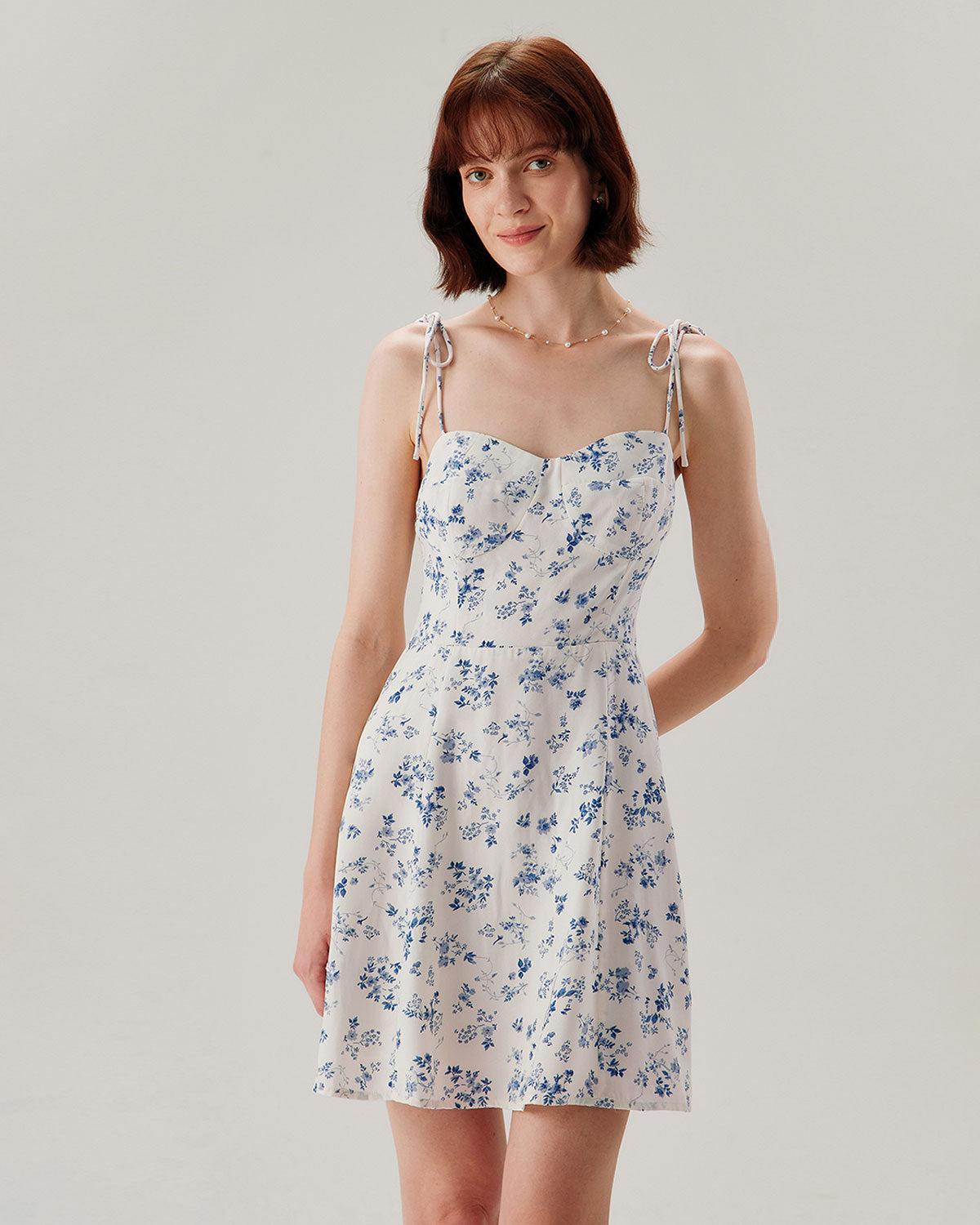 White Floral Shirred Tie Strap Mini Dress Product Image