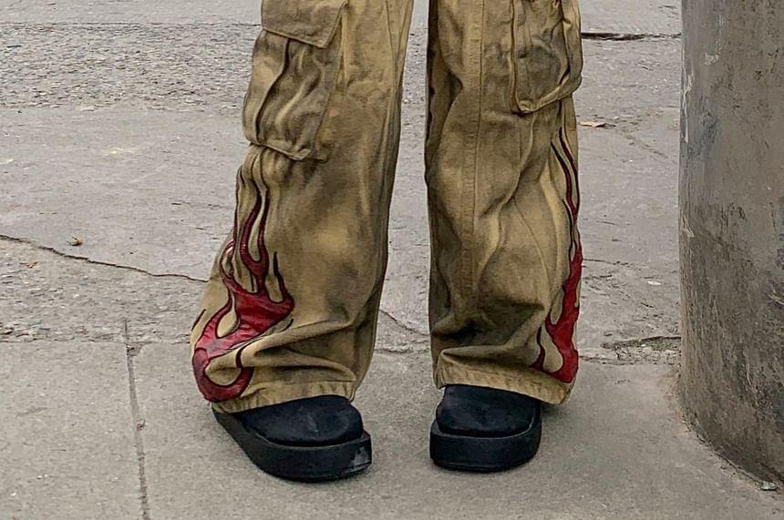 Mid Waist Flame Print Washed Wide Leg Cargo Jeans Product Image