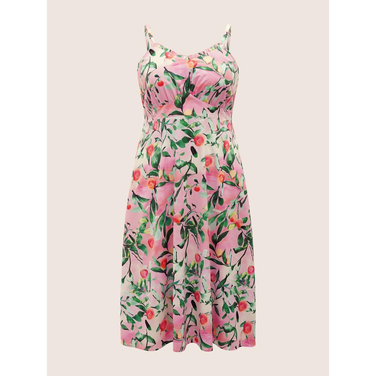 Plus Size Citrus Fruit Print Frill Trim Pocket Cami Dress Pink Women Elegant Non V-neck Sleeveless Curvy Midi Dress BloomChic 26/4X Product Image