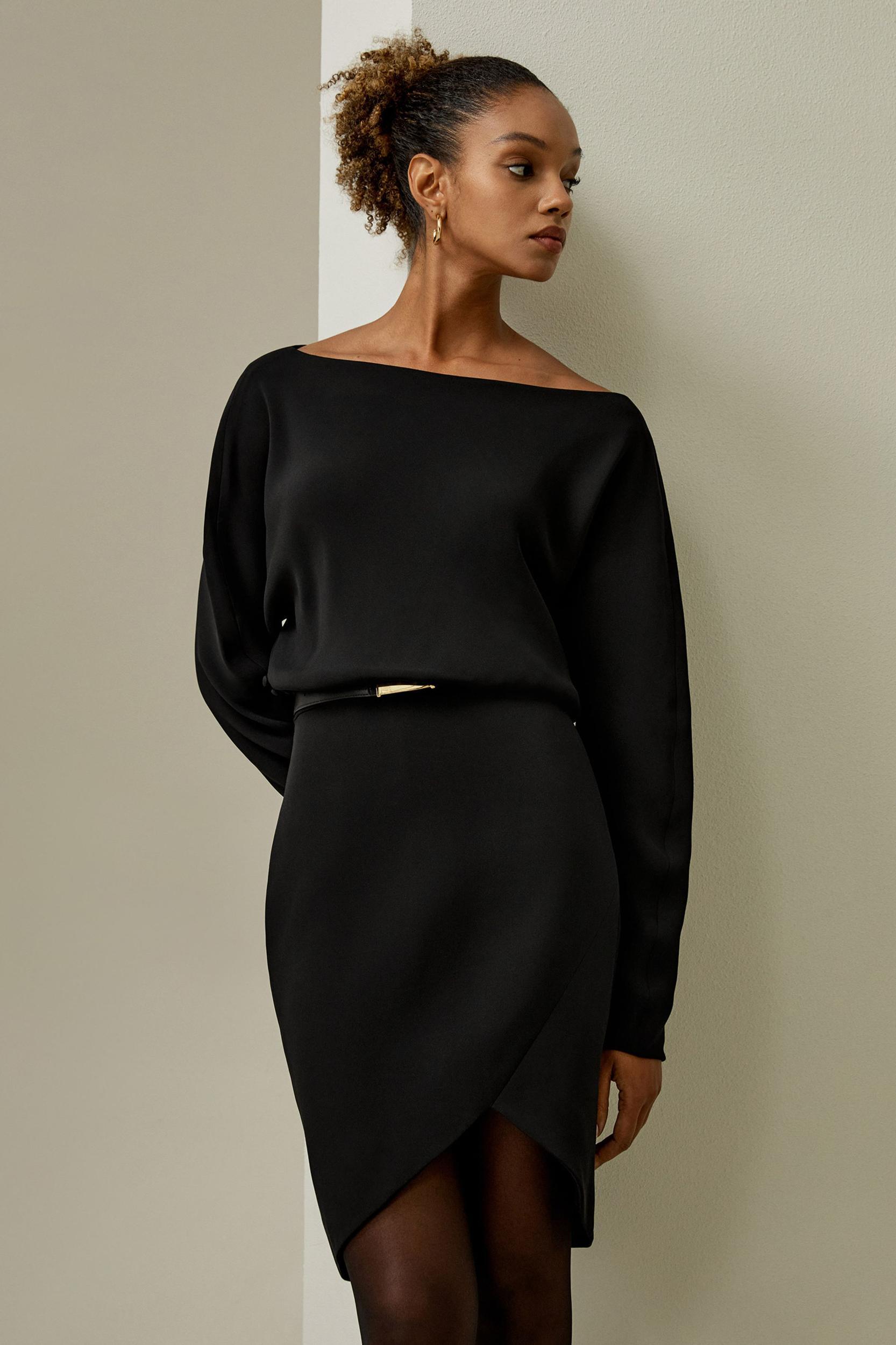 Long Sleeve Gathered Silk Mini Dress Product Image