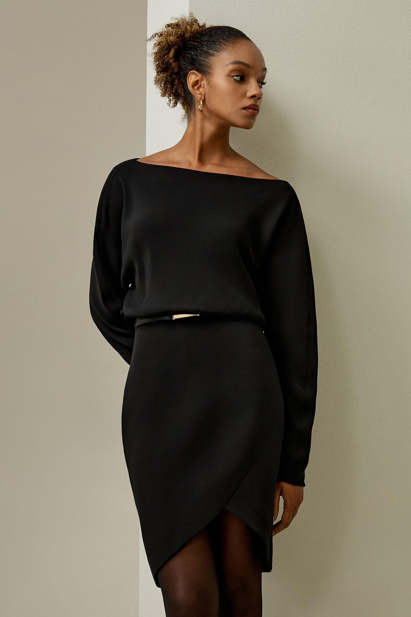 Long Sleeve Gathered Silk Mini Dress Product Image