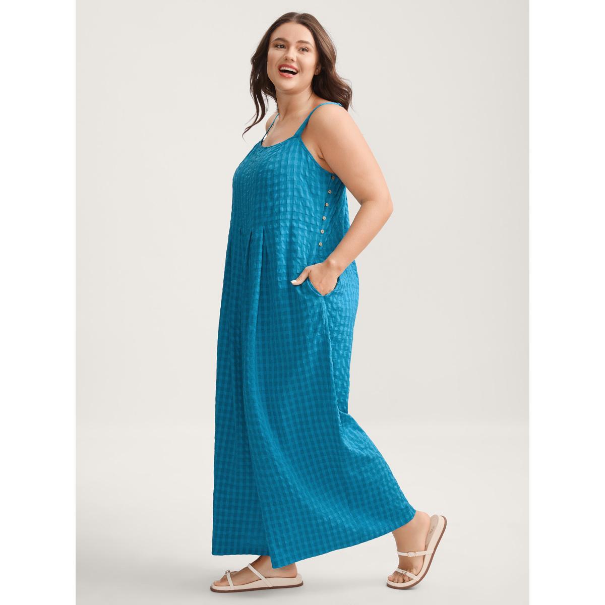 Plus Size Cerulean Textured Plaid Pleated Cami Jumpsuit Women Sleeveless Square Neck Everyday-Casual Loose Jumpsuits BloomChic 12/L Product Image