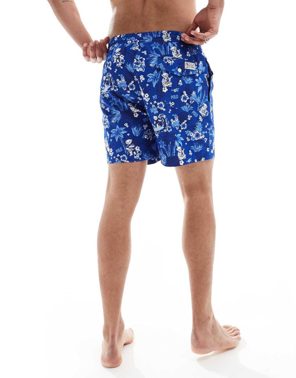 Polo Ralph Lauren Traveler hibiscus bear print swim shorts in mid blue Product Image