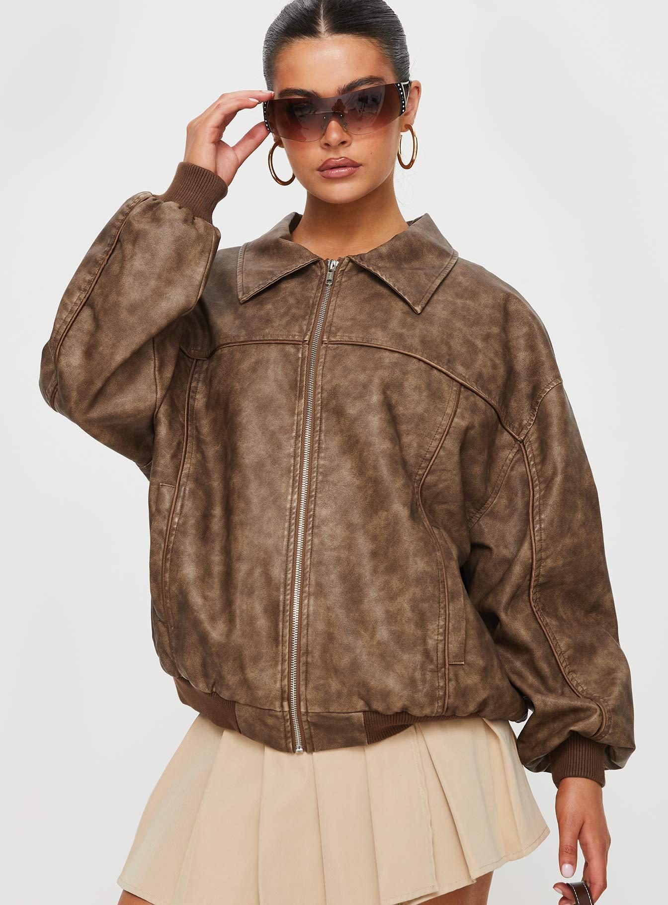 Goldsmith Faux Leather Bomber Jacket Washed Brown Product Image