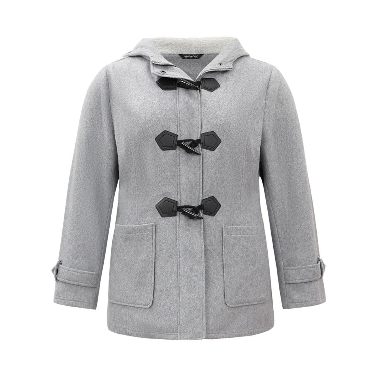 Plus Size Solid Duffle Button Pocket Hooded Coat Women DimGray Casual Plain Ladies Dailywear Winter Coats BloomChic 12/L Product Image